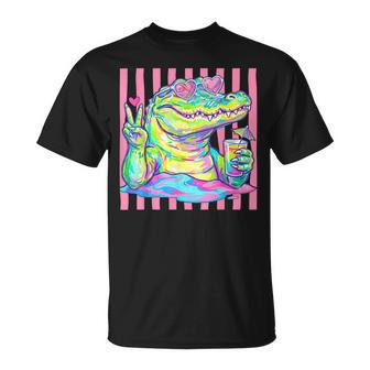 Preppy Alligator Heart Sunglasses Striped Aesthetic Summer T-Shirt - Monsterry