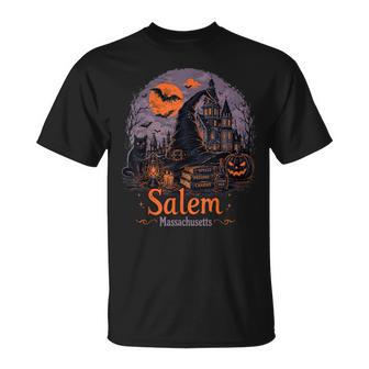Salem Massachusetts Vintage Witch Hat Cat Spooky Halloween T-Shirt | Seseable UK