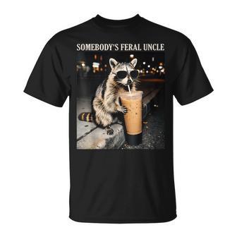 Somebody's Feral Uncle Raccoon Drinking Iced Coffee T-Shirt | Seseable UK