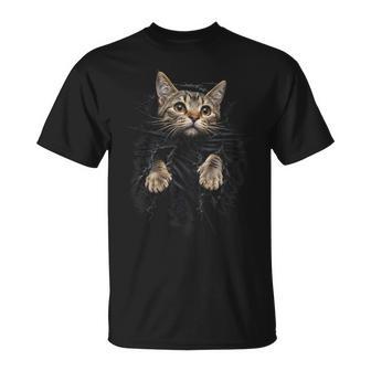 Tela Rasgada Ilusión Óptica Gato Atigrado Mirada Curiosa 3D Camiseta unisex - Regaloses