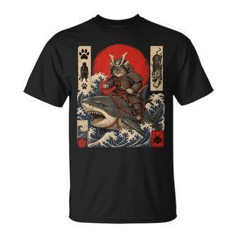 Tiburónamurai Gato Arte Japonés Gato Montando Camiseta unisex - Regaloses