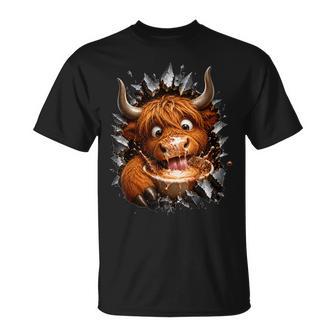 Vaca Highland Adicta Al Café Ilusión 3D Para Gente Golosa Camiseta unisex - Regaloses