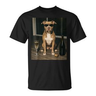 Vintage Pitbull Drinking Champagne Sunglasses Dog Lover T-Shirt | Seseable UK