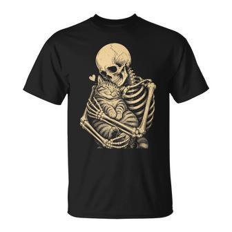 Vintage Skeleton Hugging Cat Mom Dad Halloween Spooky Season T-Shirt | Seseable UK
