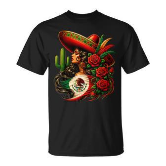 Viva Mexico Mexican Flag Floral Woman Sombrero Fiesta T-Shirt | Seseable UK