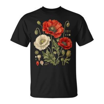 White Red Poppy Flowers Vintage Botanical Garden Plant T-Shirt - Thegiftio UK