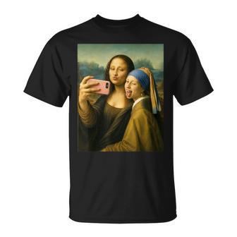 女の子の真珠のイヤリングを持つモナリザの自撮り面白いアート Tシャツ - Kawaiitshirt