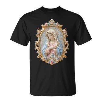 聖母マリア カトリック 祈り 花柄 神聖なアイコン 肖像画 Tシャツ - Kawaiitshirt