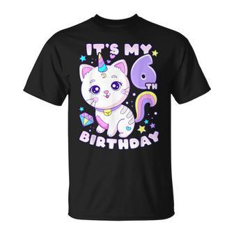 誕生日の女の子6歳、猫、ユニコーン、6歳の誕生日 Tシャツ - Kawaiitshirt