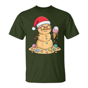 Cute Sand Snowman Santa Hat Christmas In July T-Shirt | Seseable UK