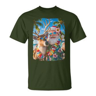 Santa And Reindeer Selfie Beach Christmas In July T-Shirt | Seseable UK