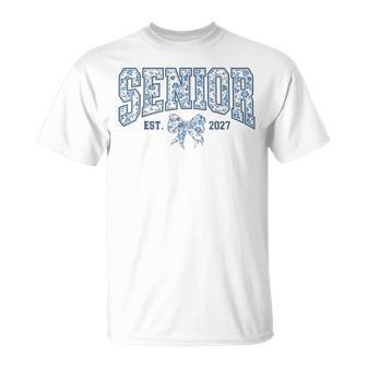 Blue Floral Chinoserie Coquette Bow Senior Class Of 2027 T-Shirt | Seseable UK