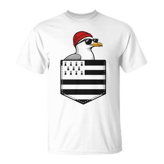 Bretagne Goéland Mouette Poche Drapeau Breton Bord De Mer Haut De Gamme T-Shirt - Cadeauxyz