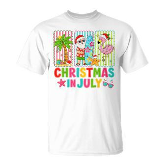 Christmas In July Beach Flamingo Tree Santa Summer Vacation T-Shirt | Seseable UK