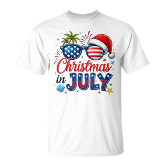 Christmas In July Summer Beach Hawaii Santa American Flag T-Shirt | Seseable UK
