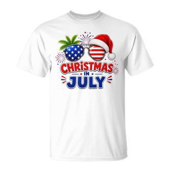 Christmas In July Summer Beach Hawaii Santa Usa Flag T-Shirt - Monsterry