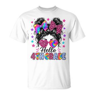 Hello 4Th Grade Messy Bun First Day Of School Girls Teacher T-Shirt - Thegiftio UK