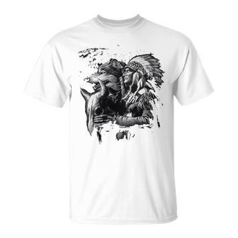 Loup Avec Des Indiens Haut De Gamme T-Shirt - Cadeauxyz