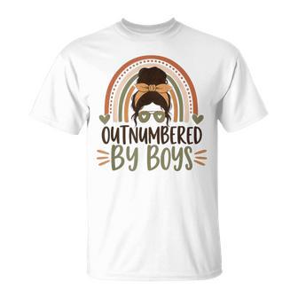 Outnumbered By Boys For Moms Of Boys Messy Bun Boho Rainbow T-Shirt | Seseable UK