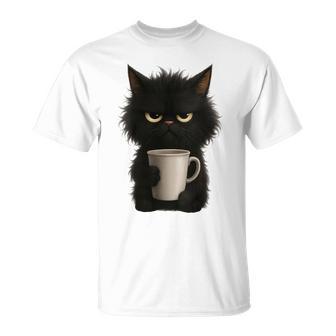 Taza De Café Con Diseño De Gato Negro Gruñón Cuello Camiseta unisex - Regaloses