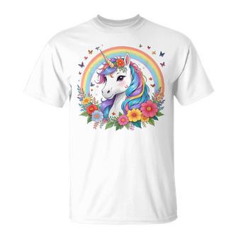 Unicorn With Rainbow Mane And Flowers Beautiful Unicorn T-Shirt | Seseable UK