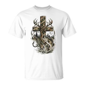 Youth Camo Faith Hunting Fishing Cross Christian Jesus God T-Shirt | Seseable UK