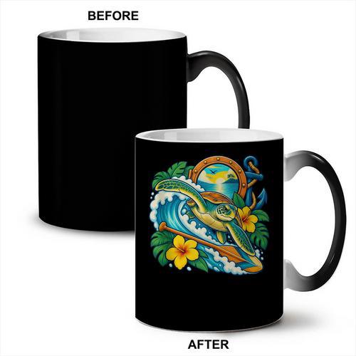 Green Sea Turtle Surfs Past a Canoe Paddle Sleeveless Coffee Color Changing Mug - Paddle Life