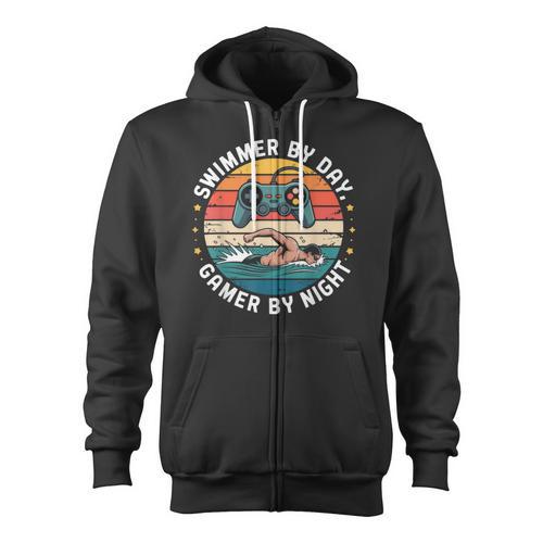 Swimmer By Day Gamer By Night Swimming Vintage Gaming Swim Zip Up Hoodie - SwimGear Co