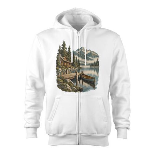 Lakeside Canoe Cabin Escape Scene Raglan Baseball Tee Zip Up Hoodie - Paddle Life