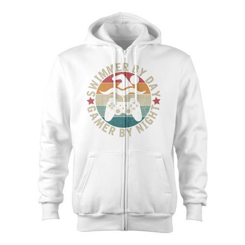 Swimmer By Day Gamer By Night Swimming Swim Gaming Zip Up Hoodie - SwimGear Co