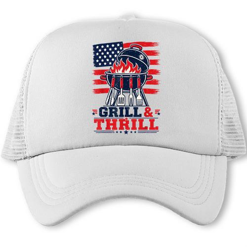 4th July BBQ Dad Joke Grill & Thrill Grilling Dad Trucker Cap - BBQ Dad Merch