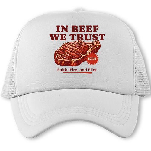 In Beef We Trust BBQ Dad Joke Grill Steak Carnivore Premium Tri-Blend Trucker Cap - BBQ Dad Merch