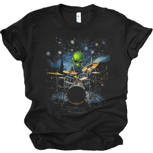 Drum Kit Percussionist Drummer Van Gogh Alien Playing Drums Unisex Jersey T-Shirt - Downbeat Supply