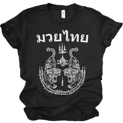 Muay Thai Language Sak Yant Art Tattoo Twin Tiger Kickboxing Unisex Jersey T-Shirt - Nak Muay Co.
