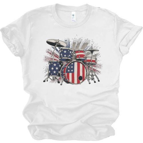 Drum Kit With American Flag Graphic For Musicians Unisex Jersey T-Shirt - Downbeat Supply