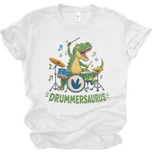 T-Rex Drumming With Drum Kit And Musical Notes Unisex Jersey T-Shirt - Downbeat Supply