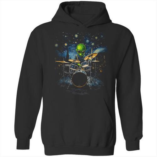 Drum Kit Percussionist Drummer Van Gogh Alien Playing Drums Unisex Hoodie - Downbeat Supply