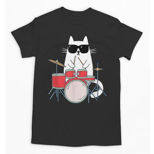 Cat Wearing Sunglasses Playing Drums Drum Kit Musician Unisex T-Shirt - Downbeat Supply