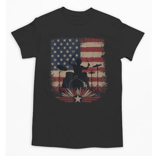 Patriotic Drum Kit Silhouette American Flag Unisex T-Shirt - Downbeat Supply