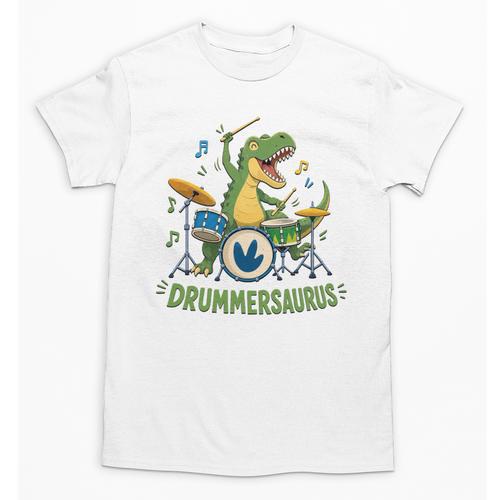 T-Rex Drumming With Drum Kit And Musical Notes Unisex T-Shirt - Downbeat Supply