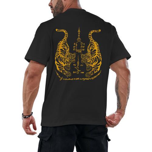 Awesome Orange Double Tiger Muay Thai Sak Yant Men's Back Print T-Shirt - Nak Muay Co.