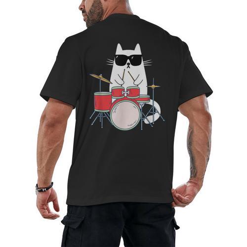 Cat Wearing Sunglasses Playing Drums Drum Kit Musician Men's Back Print T-Shirt - Downbeat Supply
