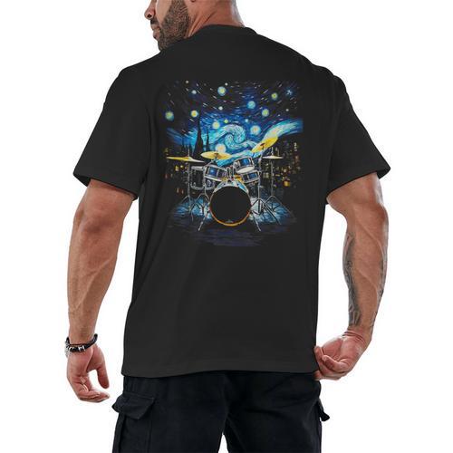 Drum Kit Percussionist Drummer Van Gogh Drums Men's Back Print T-Shirt - Downbeat Supply