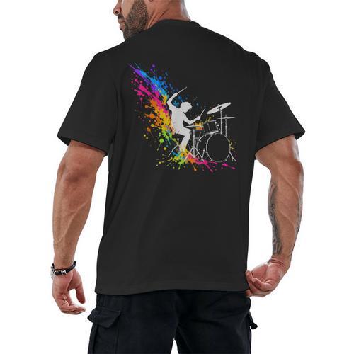 Drummer Silhouette Drum Kit Splatter Art Men's Back Print T-Shirt - Downbeat Supply