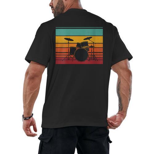 Women's Retro Drum Kit Silhouette With Color Stripes Men's Back Print T-Shirt - Downbeat Supply