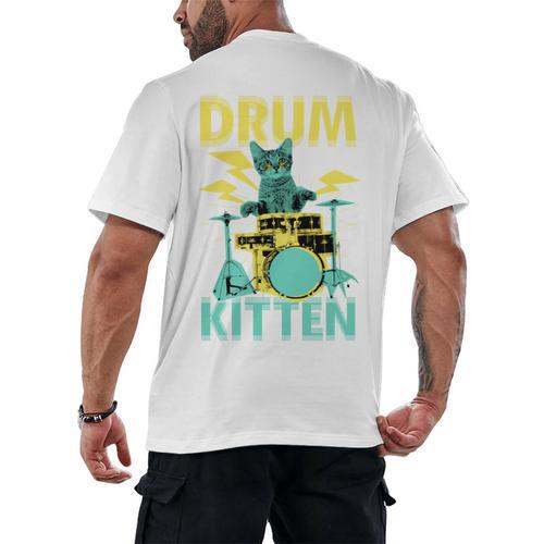 Cute Drummer Cat Drum Kitten Men's Back Print T-Shirt - Downbeat Supply