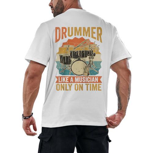 Drummer Like a Musician Only On Time Vintage Sunset Drum Kit Raglan Baseball Tee Men's Back Print T-Shirt - Downbeat Supply