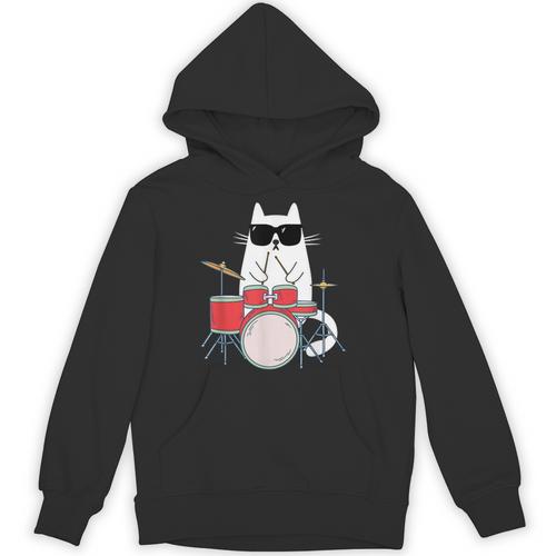 Cat Wearing Sunglasses Playing Drums Drum Kit Musician Unisex Hoodie - Downbeat Supply