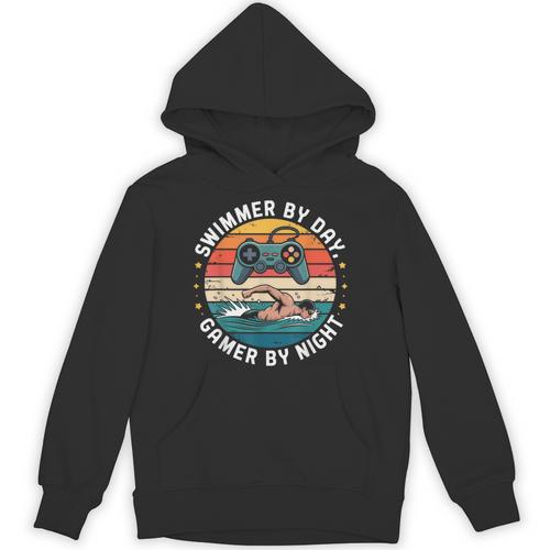 Swimmer By Day Gamer By Night Swimming Vintage Gaming Swim Unisex Hoodie - SwimGear Co