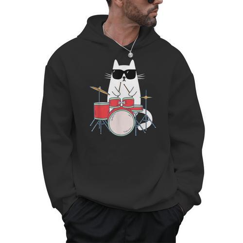 Cat Wearing Sunglasses Playing Drums Drum Kit Musician Men Hoodie - Downbeat Supply